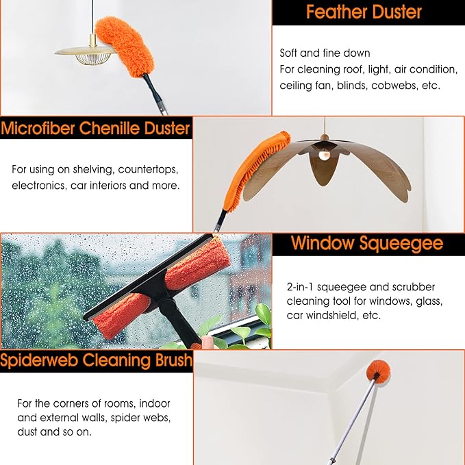 Buyplus 26FT Reach Dusting Kit Long Duster with 5-20FT Extension Pole for High Ceilings Cobweb Duster Microfiber Duster Window Squeegee Extendable Duster Cleaning Kit