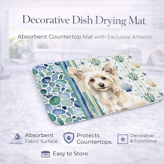Caroline's Treasures Powderpuff Chinese Crested Coastal Sea Glass Dish Drying Mat Absorbent Dish Drying Mat Pad for Kitchen Counter Dish Drainer Mat for Countertop 14 x 21 Multicolor