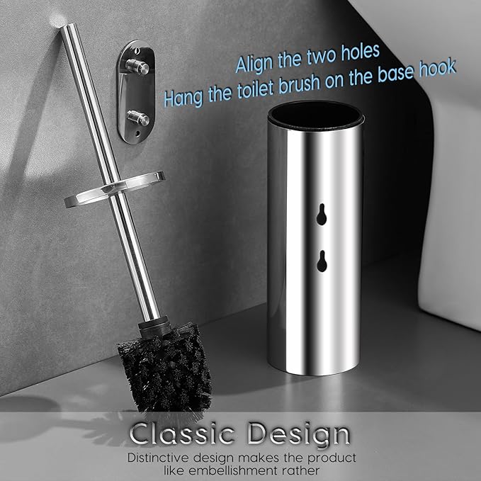 Toilet Brush and Brush Holder Stainless Steel No-Punch Hook Base Dual Purpose Toilet Brush Holder with Removable Inner Bucket and Splash Cover - Soft Bristles (Chrome)