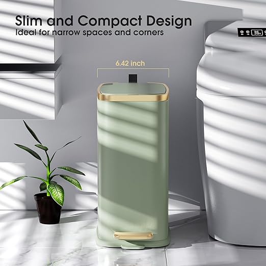 CEROELDA Small Bathroom Trash Can with Lid Soft Close-5L/1.3 Gal Slim Garbage Can-Metal Step Wastebasket-Rectangle Narrow Waste Bin for Office Bedroom Toilet Live Room-Green