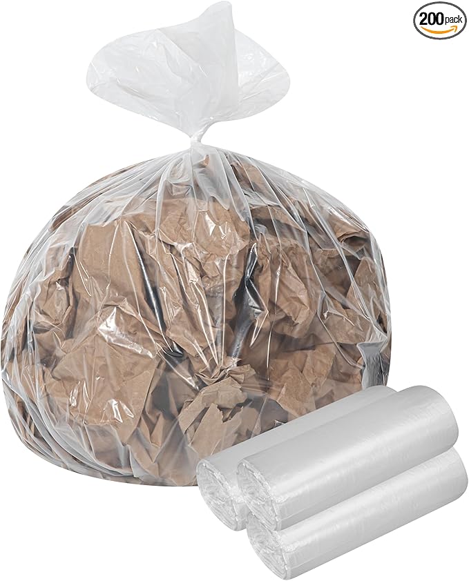 Restaurantware-RW Clean 20 Gallon Trash Bags 200 Standard-Duty Garbage Can Liners- Fits 20-30 Gallon Trash Cans Stretchable Clear Plastic Bin liners with Star Seal Bottom