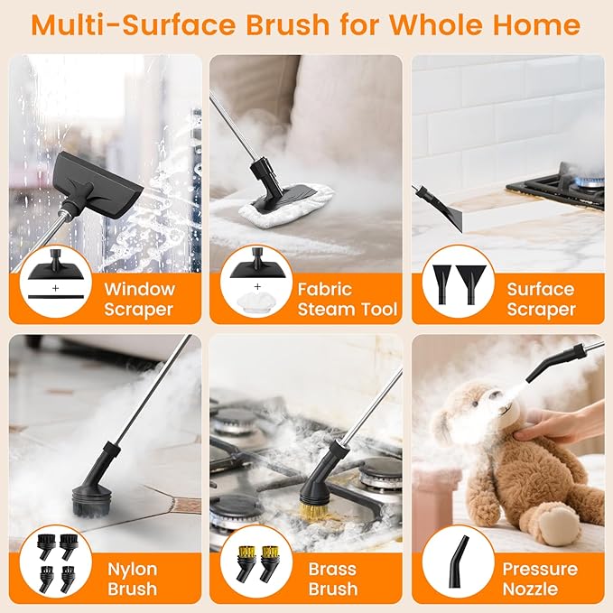 Pressurized Steam Cleaner 3-Level Adjustable Handheld Steamer Cleaning for Home 15s Fast Heat-Up &amp 47.3oz Tank 2500W Multi-Surface Portable Steamer for Home Kitchen &amp Bathroom