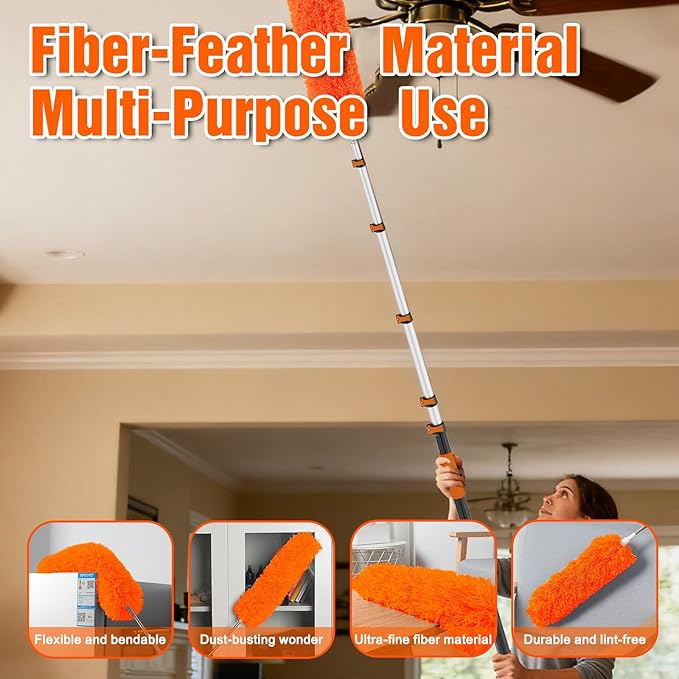 30FT High Ceiling Duster Kits with 5-24FT Telescoping Extension Pole - Fan Blade Cleaner Cobweb Remover &amp Window Cleaning Kit Washable Dust Brush for High Roof and Glass Surfaces