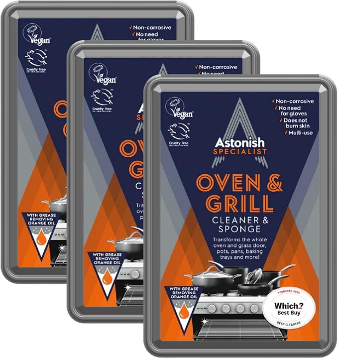 Astonish Specialist Oven &amp Grill Cleaner &amp Sponge 250g – Heavy Duty Degreaser Paste with Orange Oil – Restores Shine to Ovens Grills &amp Racks – No Harsh Chemicals 3 Pack
