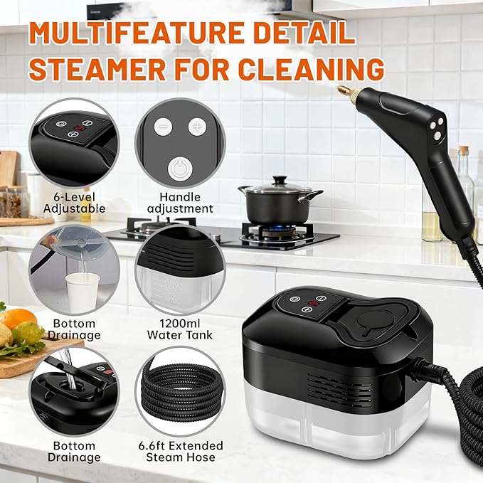 Pressurized Handheld Steam Cleaner Portable Steamer for Cleaning with 1.2L Large Tank 15s Fast Heat-Up 6-Level Adjustable Powerful Steam Cleaner for Home Car Kitchen Tile Grout(Black)