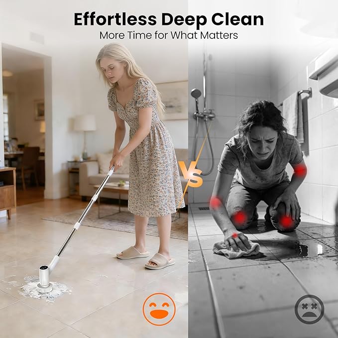 Electric Spin Scrubber - 4500mAh Cordless Cleaning Brush with 6 Brush Heads 47 Adjustable Handle Relieves Back Pain IPX7 Waterproof Power Scrubber for Bathroom Shower Floor Tile Bathtub