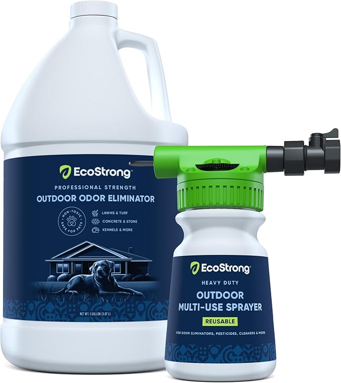 Eco Strong Outdoor Odor Eliminator | Outside Dog Urine Enzyme Cleaner – Powerful Pet Cat Animal Scent Deodorizer | Professional Strength for Yard Turf Kennels Patios Decks (Gallon with Sprayer)