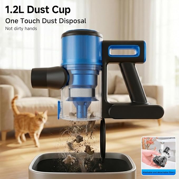 Cordless Vacuum Cleaner for Home - Lightweight Stick Vacuum Clean with Rechargeable Battery Max 45Mins Runtime 8 in 1 Handheld Vacuum for Hardfloor &amp Carpets Pet Hair Blue&ampBlack