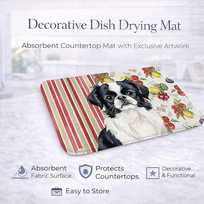 Caroline's Treasures Black and White Japanese Chin Vegetables Dish Drying Mat Absorbent Dish Drying Mat Pad for Kitchen Counter Dish Drainer Mat for Countertop 14 x 21 Multicolor