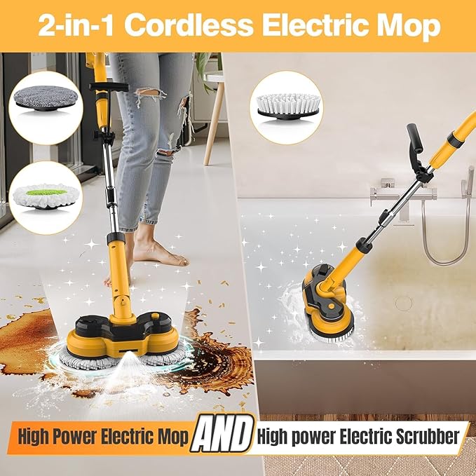 Cordless Electric Mop for Dewalt 20V Battery (NO Battery) 2 in 1 Spin Mop &amp Electric Floor Scrubber Machine with LED Light &amp Water Spray 800 RPM Rotating Electric Mops for Floor Cleaning (Go