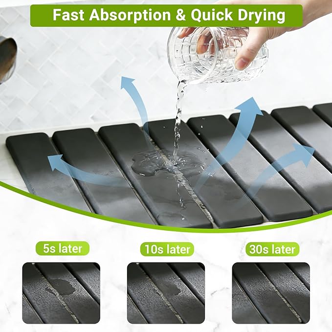 Large Stone Dish Drying Mat for Kitchen Counter Foldable Diatomaceous Earth Drying Mat Quick Water Absorbing Eco-Friendly Mat for Dishes Dark Gray