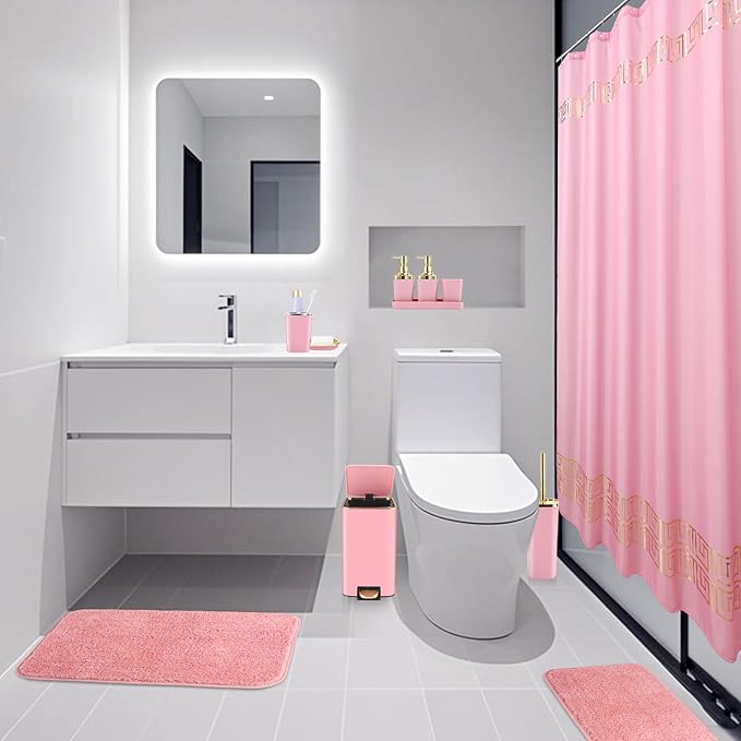 Bathroom Sets with Shower Curtain and Rugs Bathroom Accessories Set Pink Bathroom SetShower Curtain Set with Stainless Steel Trash Can