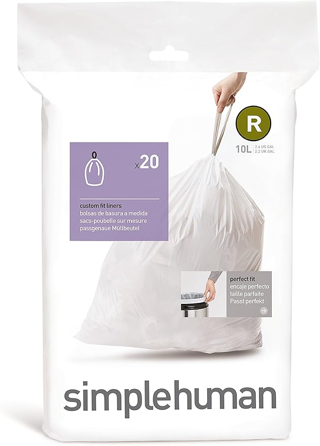 simplehuman Trash can 10 Liter White &amp Code R Custom Fit Drawstring Trash Bags 10 Liter / 2.6 Gallon White 20 Count