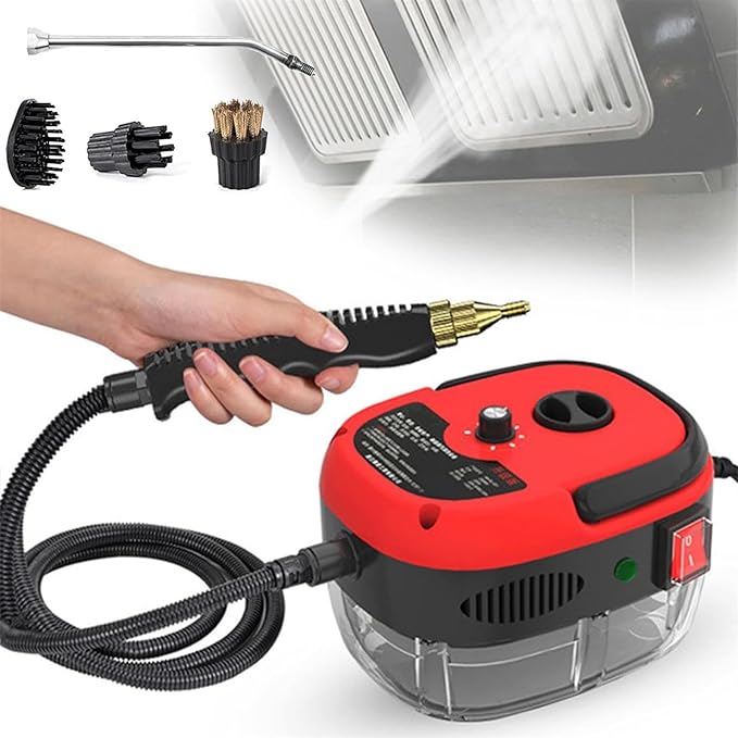 Portable Handheld Steam Cleaner High Temperature Pressurized Steam Cleaning Machine with 3 Brush Heads Suitable for Kitchen Furniture Bathroom CarRed