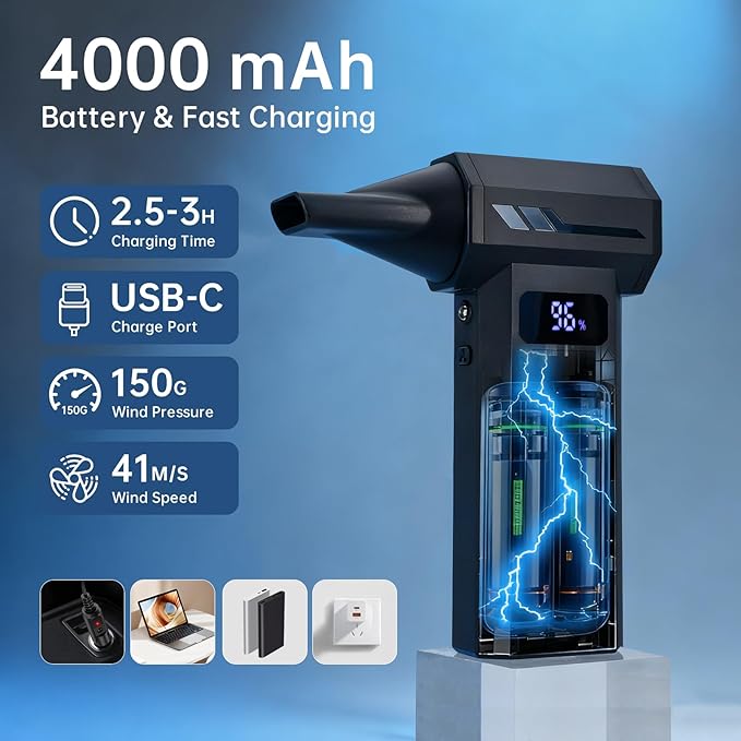 Compressed Air Duster 110000RPM Electric Air Blower with 4-Speed Adjustable &amp LED Light Rechargeable Fast-Charging for Computer Keyboard Electronics Car Home &amp Outdoor Cleaning