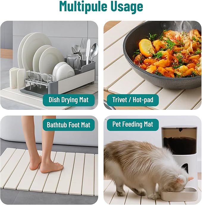 Stone Dish Drying Mat For Kitchen Counter Off-White 24x16 – Quick Dry &amp Foldable Diatomaceous Earth Mat for Dish  Bottle  Cup  Tableware &amp Match Any Countertop.