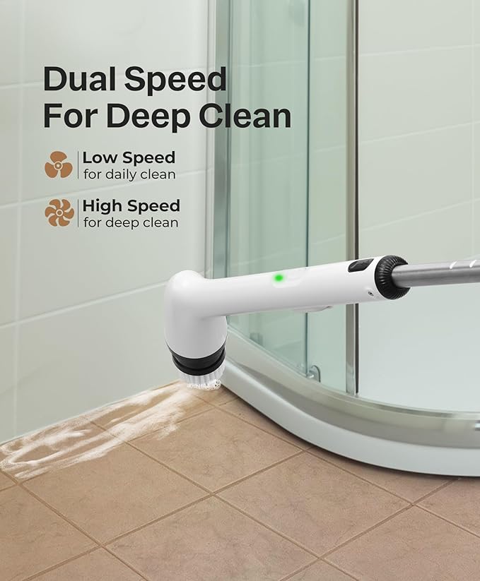 LyriFine Electric Spin Scrubber New Full-Body IPX7 Waterproof Bathroom Cleaner Brush Shower Scrubber with Long Handle &amp 2 Speed Heads Replacement Cleaning Supplies for Tub Shower Tile Floor