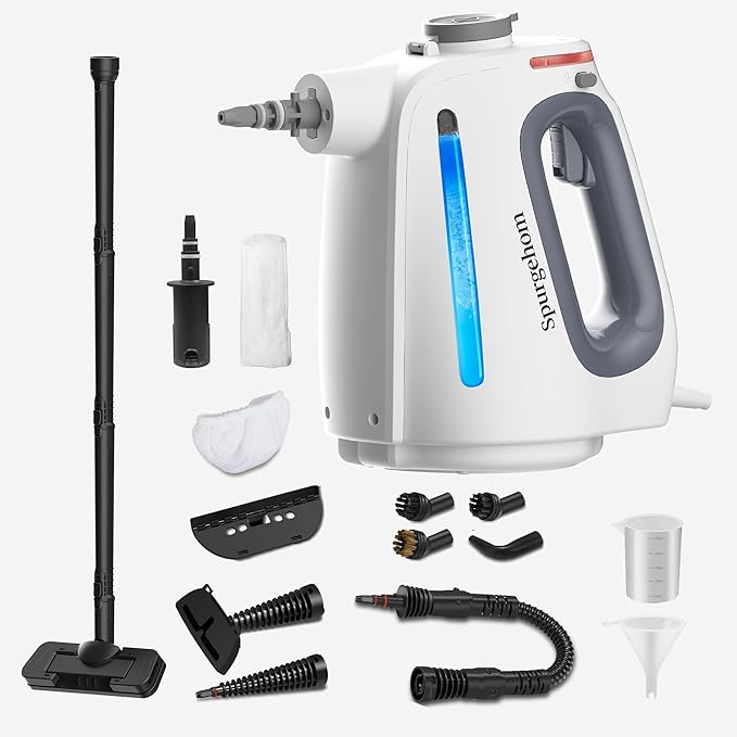 Spurgehom 1350W Handheld Steam Cleaner with 15-Pc Accessories(including mop) &amp 550ML Tank – 3Bar Dirty-Free Steamer for Floors Cars Upholstery and Multi-Surface Home Cleaning