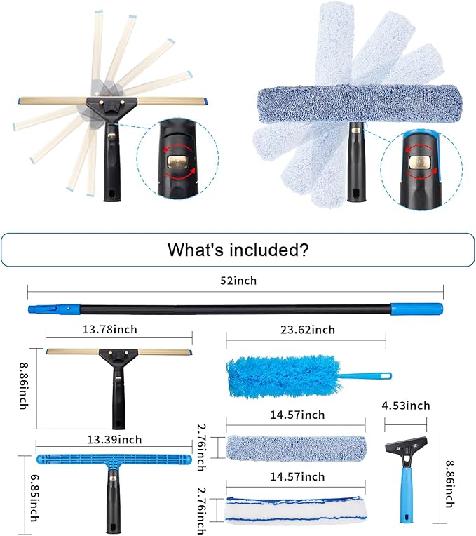 Swivel Squeegee Kit with 4 Extension PolesGlass Scraper Bendable Duster 2 Window Scrubber Cloth for Glass Car Floor HomeGarden
