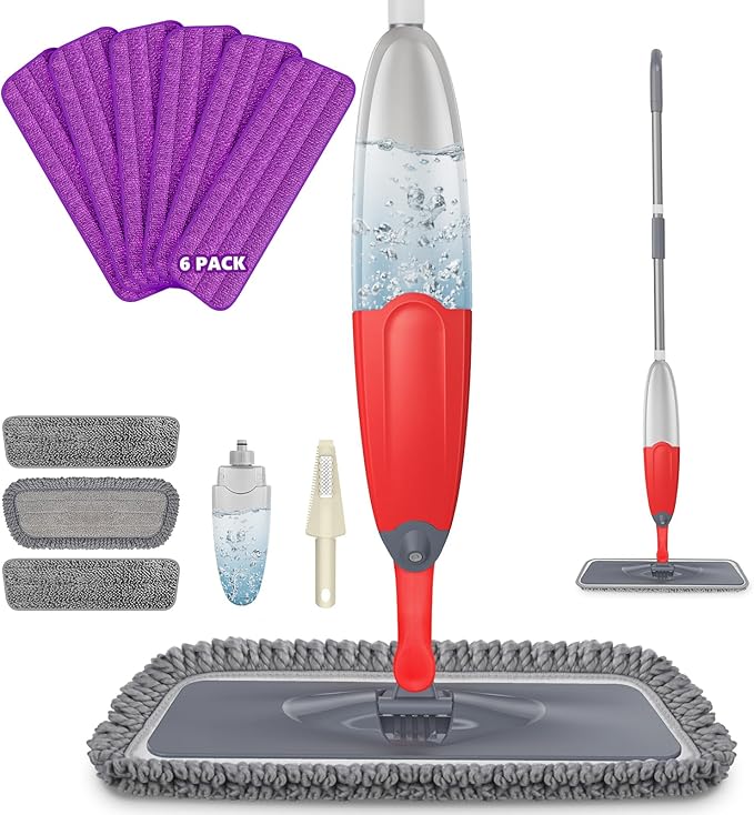 HOMTOYOU Spray Mops with 9 Reusable Pads: Wet Mop for Hardwood Tile Wood Laminate Vinyl - Absorbs Pet Hair Dust