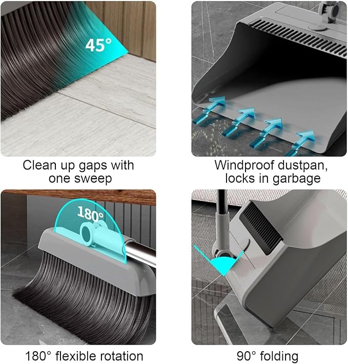Broom With Dust Combo Set: Adjustable Handle  Compact Folding Cleaner Vertical Storage Design | For Home Apartment Kitchen Bedroom Kitchen Bedroom