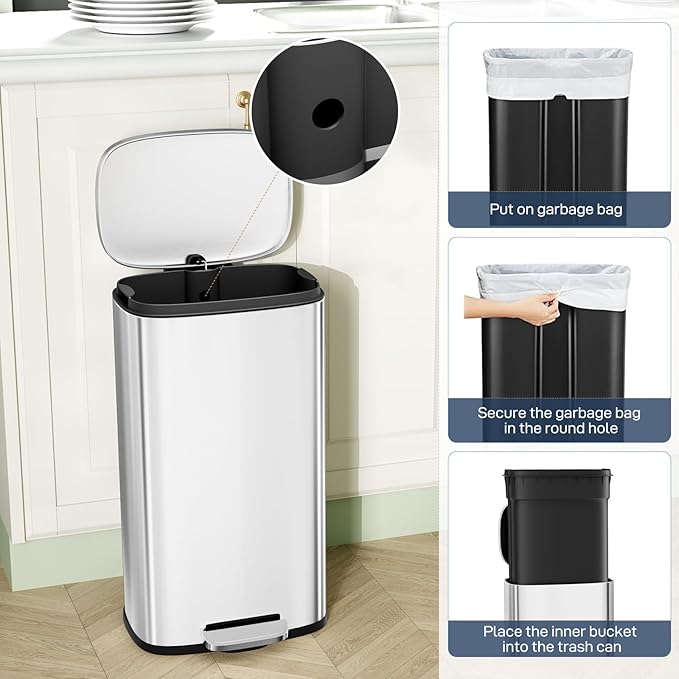 Arlopu 8 Gallon Step Trash Can Stainless Steel Garbage Bin Soft-Close Rubbish Bin with Removable Plastic Inner Bucket Fingerprint-Proof Lid Dustbin Suit for Kitchen Home (Silver 30L)