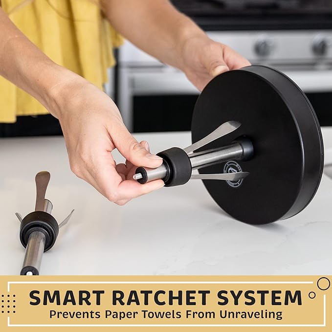 Heavy-Duty Stainless Steel Paper Towel Holder - Easy One-Handed Tear with Suction Cups - Modern Weighted Standing Countertop Dispenser for Kitchen - Holds All Paper Towel Rolls Black