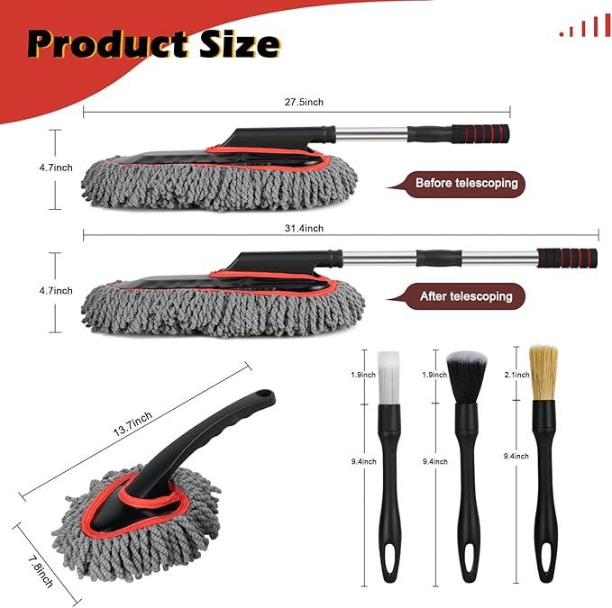 Car Duster Exterior Scratch FreeMicrofiber Car Duster with Extendable Handle with 3PCS Detailing Brush Exterior Interior Multipurpose for SUVTruckRV