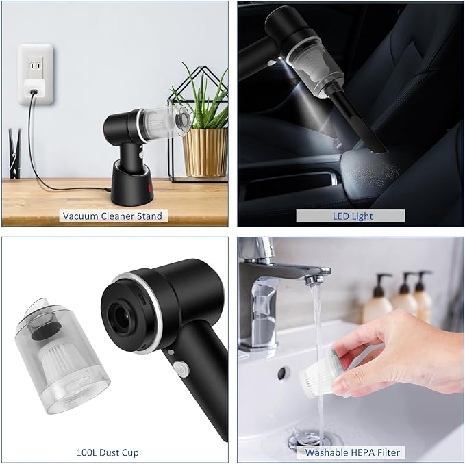8Kpa Mini Handheld Vacuum Cleaner120W High Power Cordless Car Vacuum 2 in 1 Keyboard Vacuum &amp Air Duster with LED Light &amp Multi-Nozzles for Car Computer Sewing Machine