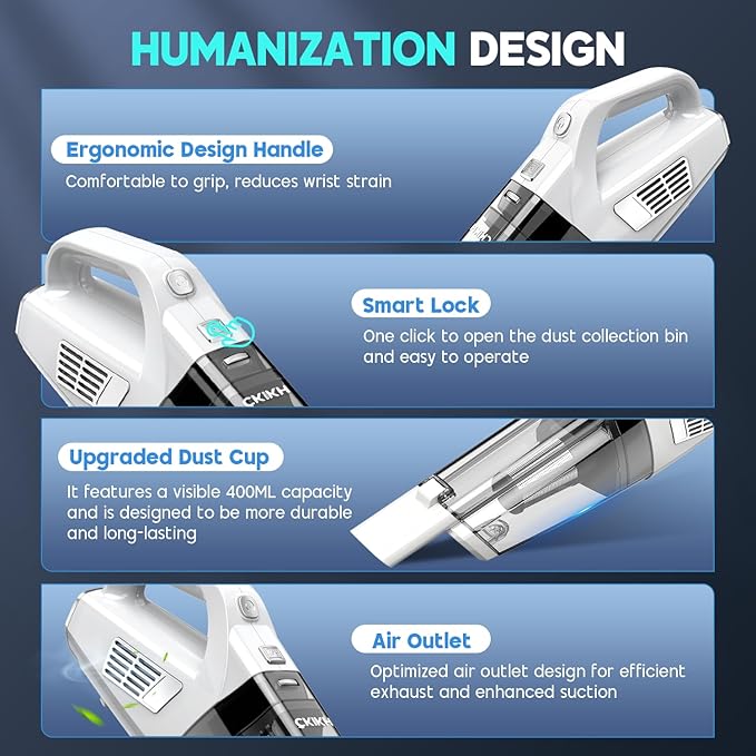 Handheld Vacuum Cordless 15000PA Strong Suction Hand Held Car Vacuum Cleaner Portable with Multi-Nozzles &amp Washable Filter Lightweight Dust Busters Rechargeable for Home Car Office Pets