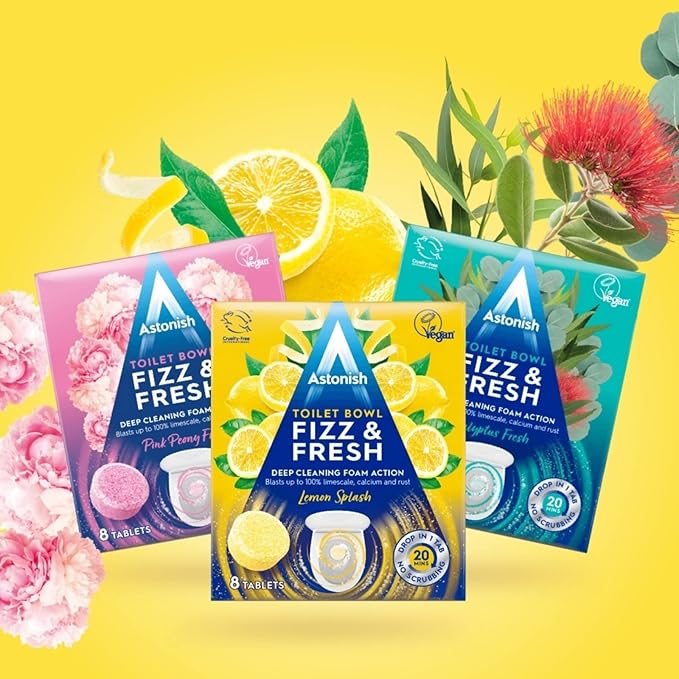 Astonish Fizz &amp Fresh Foaming Toilet Bowl Cleaner Tablets Bundle – Deep Cleaning Eucalyptus Lemon Splash &amp Pink Peony Scents – Limescale Calcium &amp Rust Remover for Hard-to-Reach Stains