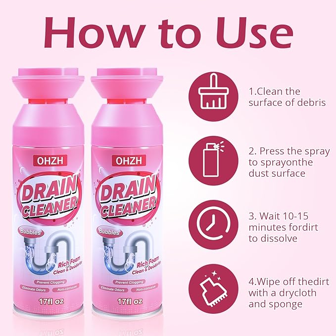Foaming Drain CleanerDrain Clog Remover –Sink Cleaner and DeodorizerFoaming Cleaners for Kitchen Sinks Shower DrainsTub (2pcs)