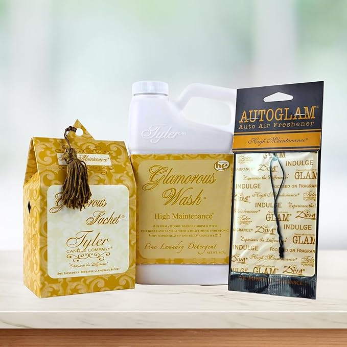 Elanze Designs Tyler Candle Glamorous Wash 32 Ounce Scented Sachet and Autoglam Air Freshener 3 Piece Gift Bundle Set High Maintenance Fragrance