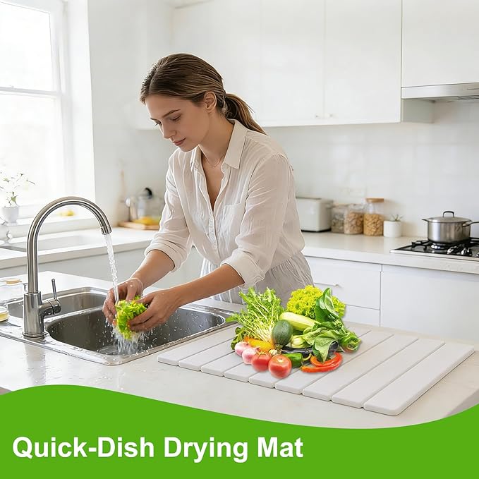 Stone Dish Drying Mat for Kitchen Counter Diatomaceous Earth Water Absorbing Mat Foldable and Super Absorbent Dish Drying Stone Mat for Dishes Bottles Cups Match Any Countertop -White