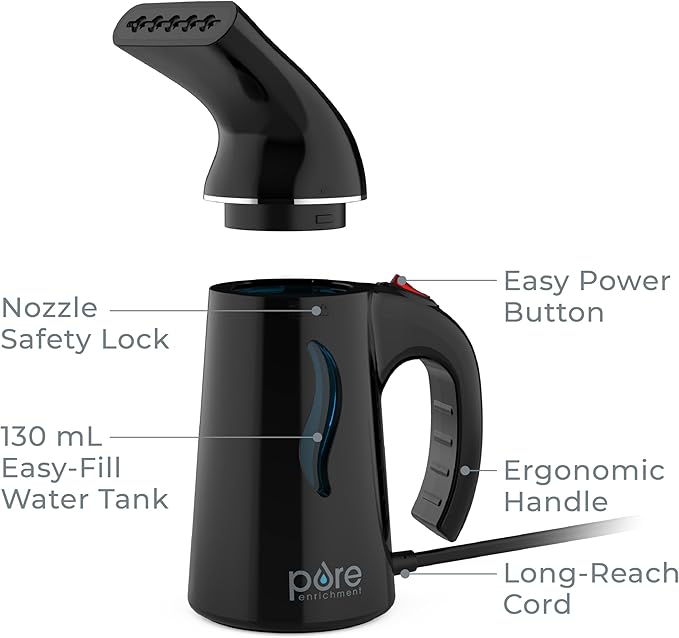 Pure Enrichment PureSteam Portable Fabric Steamer - Handheld Travel Garment Steamer Removes Wrinkles &amp is Safe on All Fabrics - Fast-Heating Lightweight Auto Safety Shut-Off &amp Long Cord (Bl