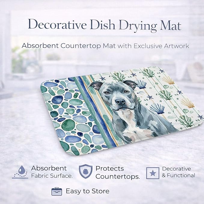 Caroline's Treasures Blue American Staffordshire Terrier Coastal Sea Glass Dish Drying Mat Absorbent Dish Drying Mat Pad for Kitchen Counter Dish Drainer Mat for Countertop 14 x 21 Multicolor