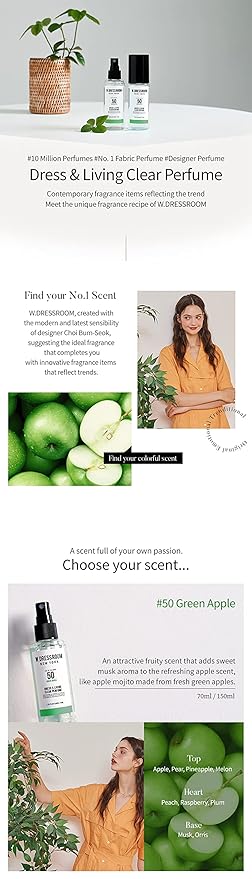 W.Dressroom Dress &amp Living Clear Perfume Spray Set of 2 – No.50 Green Apple + No.98 Secret Musk | Room &amp Fabric Spray Odor Eliminating Hypoallergenic Fragrance Mist Travel Size Perfume Gift