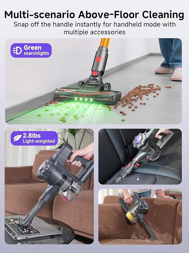 MONSGA Cordless Vacuum Cleaner 45KPa 400W Stick Vacuum for Home 50Mins Anti-Tangled Vacuum Cleaner with Charging Dock Light-Weighted Handheld Vacuum for Pet Hair/Carpet/Floor LED Touch Display
