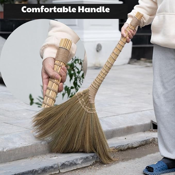 Outdoor Broom for Floor Cleaning 43.3'' Length Heavy-Duty Natural Grass Broom for Sweeping Concrete Courtyard Garage Patio Indoor Home Kitchen Office Lobby