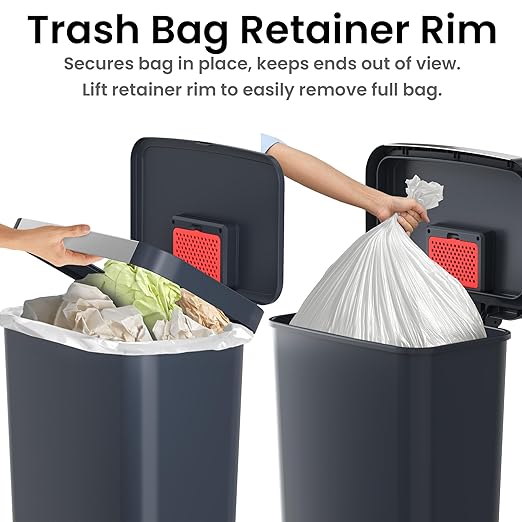 iTouchless SoftStep 13.2 Gal / 50L Step Pedal Kitchen Trash Can with Odor Filter Durable Dent-Proof Construction Stainless Steel Trim Garbage Bin with Lid for Home Office Bedroom Black Plastic