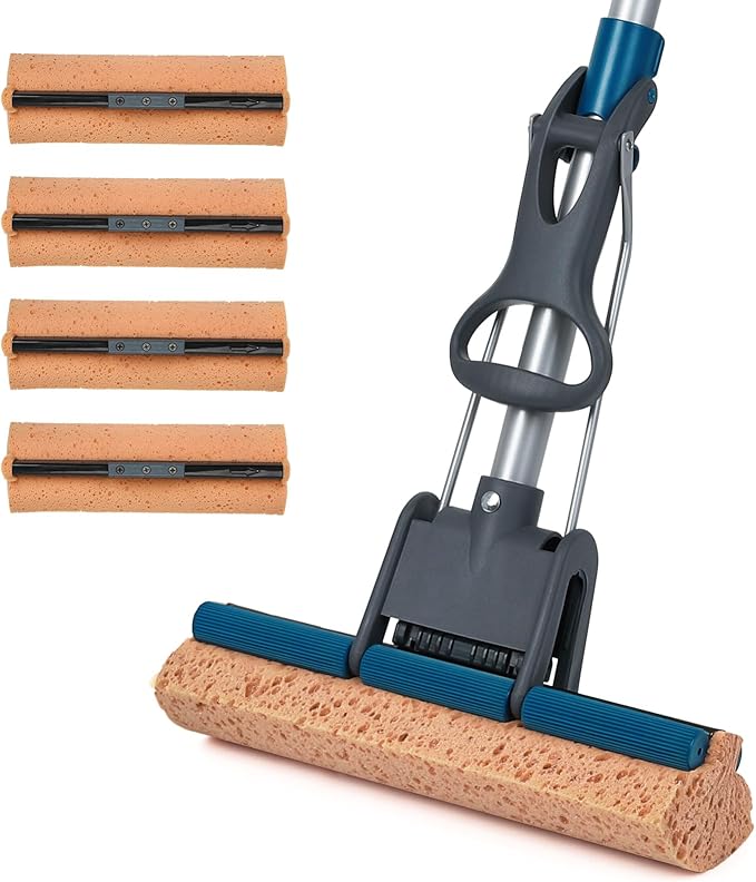 Sponge Mop for Floor Cleaning 50 Heavy Duty Roller Mop with 4 Cellulose Refill Heads Easy Self-Squeeze for Hardwood Tile Concrete Wall Ceiling