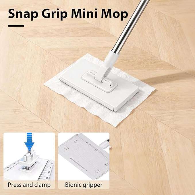 Snap Grip Mini MopZero Touch Mini Mops with Locking HeadCloth ChangingDisposable Dust Mop with Reusable ClothsHandle Wet and Dry All Rags Can Be InstalledQuick InstallationNo Wash (15pcs)