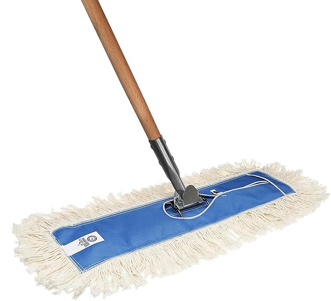 Nine Forty 24 Premium Cotton Dust Mop Kit - Heavy Duty Mop Head with Wood Handle for Industrial Commercial and Residential Cleaning - Dry Floor Duster for Hardwood Surfaces - White