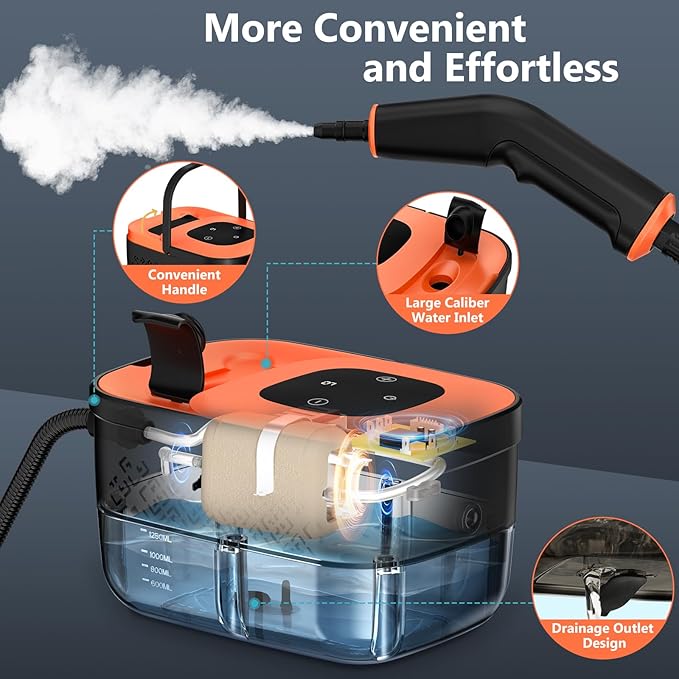 Steam Cleaner Portable Steamer for Cleaning with 16pcs Accessories 6-Level Adjustable 15s Heat-Up Handheld Steam Cleaner for Home for Tile Grease Dirt Grout Car Detailing Orange