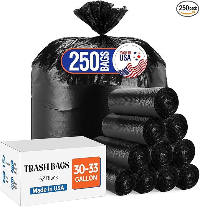 Delxo 30-33 Gallon Trash Bags 250 Count – Medium Duty Garbage Bags Thick Durable &amp Puncture-Resistant Plastic Bolsas para basura Perforated Design– Made in USA for Kitchen Yard Office (Black