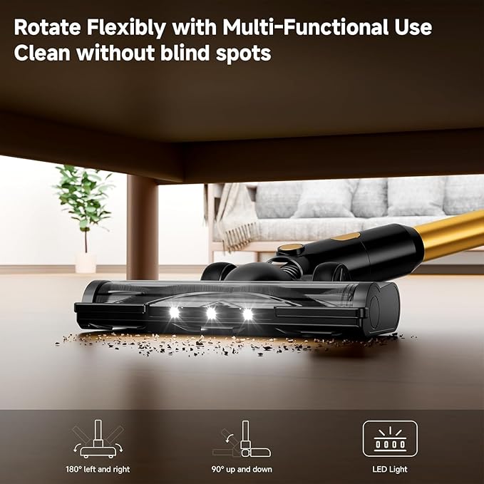 Cordless Vacuum Cleaner 8 in 1 40Kpa 55MinsLightweight Vacuum Cleaners for Home Stick Vacuum with Anti-Tangle BrushWall Mount Rechargeable Cordless Vacuum for Floor/Sofa/Pet HairGolden