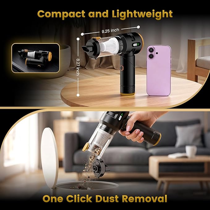 Wansimoo Handheld Car Vacuum Cleaner25000PA Strong Cyclonic Suction Foldable Mini Vacuum Portable Cordless with Digital Display and One Touch Dust Removal for Car Home Office Kitchen (Gold)
