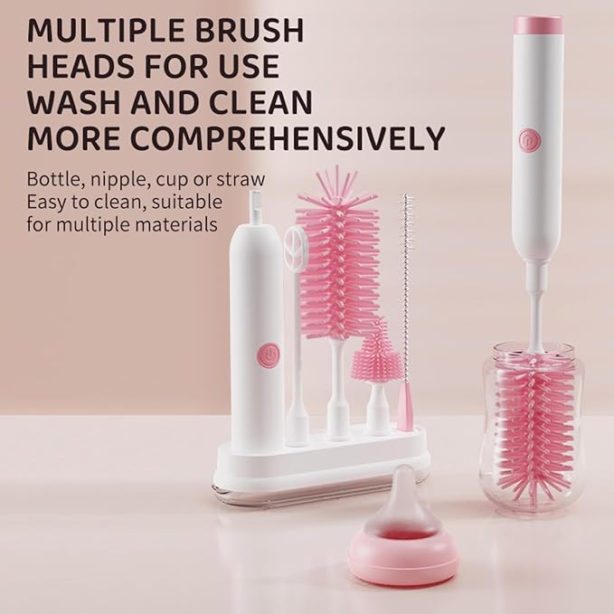 Rechargeable Electric Bottle Brush with Stand - 360° Spin Silicone Cleaner for Baby Bottles Breast Pumps &amp Small Household Containers (Pink)