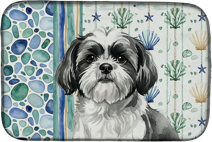 Caroline's Treasures Black and White Shih Tzu Coastal Sea Glass Dish Drying Mat Absorbent Dish Drying Mat Pad for Kitchen Counter Dish Drainer Mat for Countertop 14 x 21 Multicolor