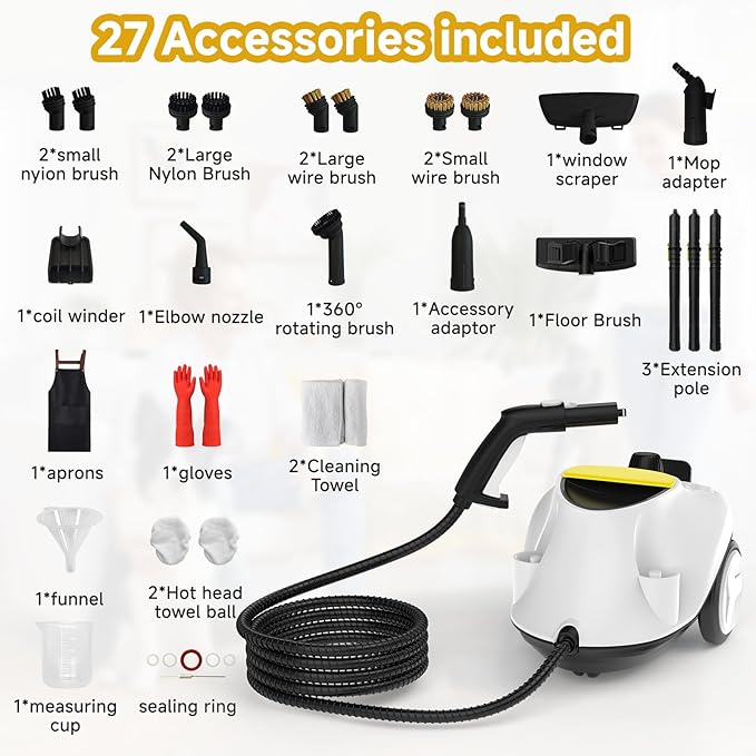 Steam CleanerMultipurpose Neat Canister Steamer with 27 Accessories 5 Mins Heating with 1.5L TankRolling Cleaning Machine for Carpet FloorsWindowsMirrorsGlass and Cars (White3)